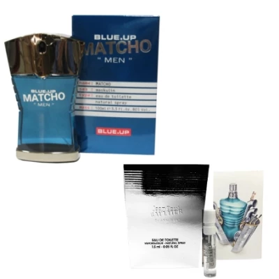 Blue Up Matcho Men 100 Ml + Perfume Sample Spray Jean Paul Gaultier Le Male 1 Blue Up Matcho Men 100 Ml + Perfume Sample Spray Jean Paul Gaultier Le Male